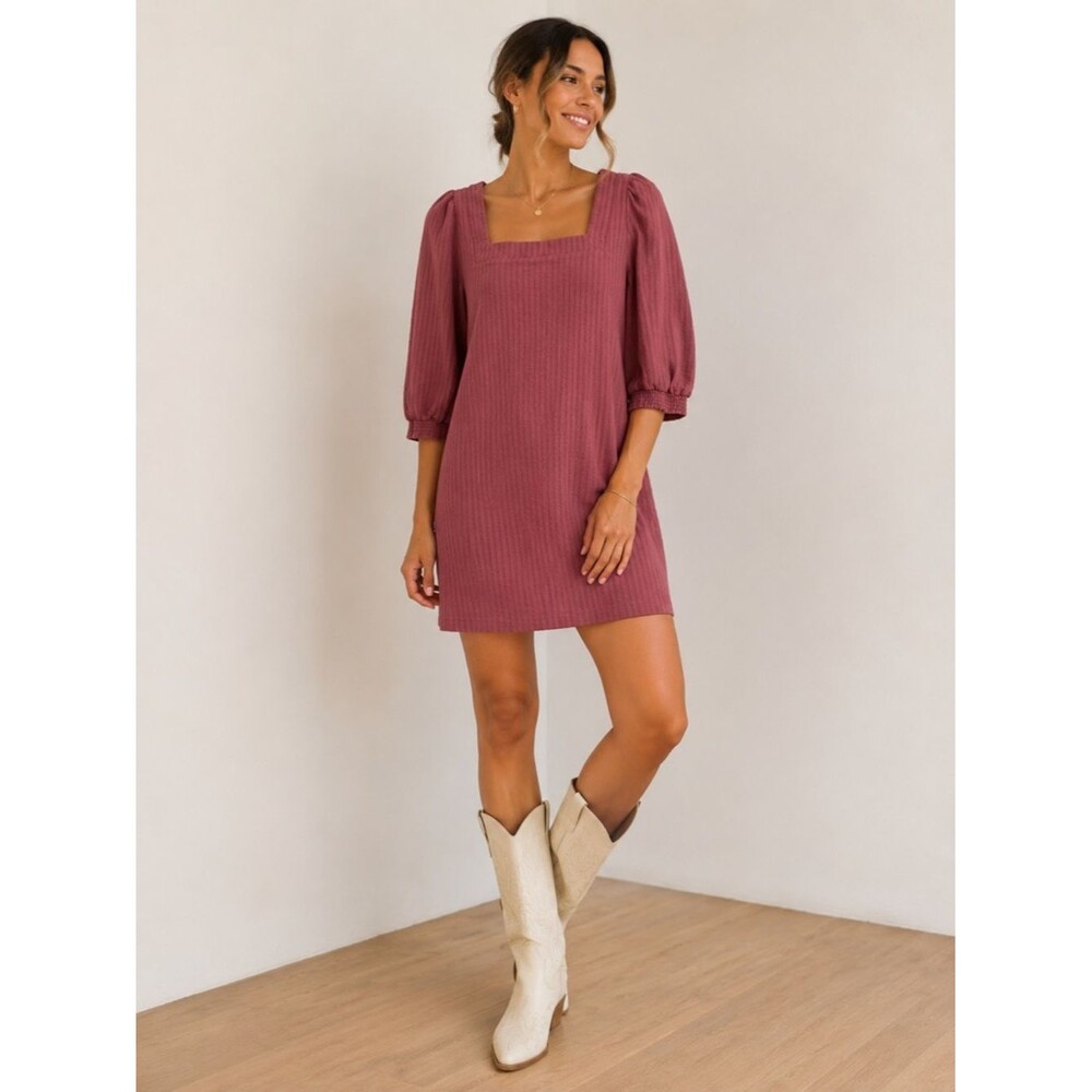 BB Dakota Steve Madden Pink Textured Shift Dress Puff Sleeve Square Neck - M